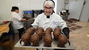 <p>Sr Genevieve Harrington in Kylemore Abbey chocolate kitchen with the Lucky Lamb made from chocolate. Pictures: Ray Ryan</p> <p>Sr Genevieve Harrington in Kylemore Abbey chocolate kitchen with the Lucky Lamb made from chocolate. Pictures: Ray Ryan</p>