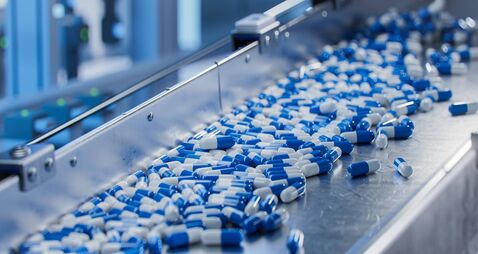Blue Capsules on Conveyor at Modern Pharmaceutical Factory. Tablet and Capsule Manufacturing Process. Close-up Shot of Medical D