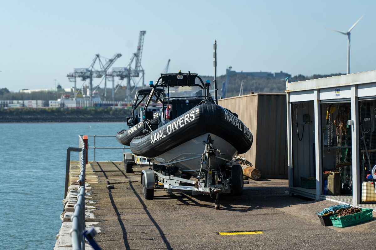 A diving boat moored at the Naval Service Diving Section facilities at Haulbowline Naval Base. Picture: Chani Anderson