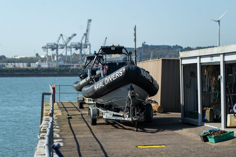 A diving boat moored at the Naval Service Diving Section facilities at Haulbowline Naval Base. Picture: Chani Anderson