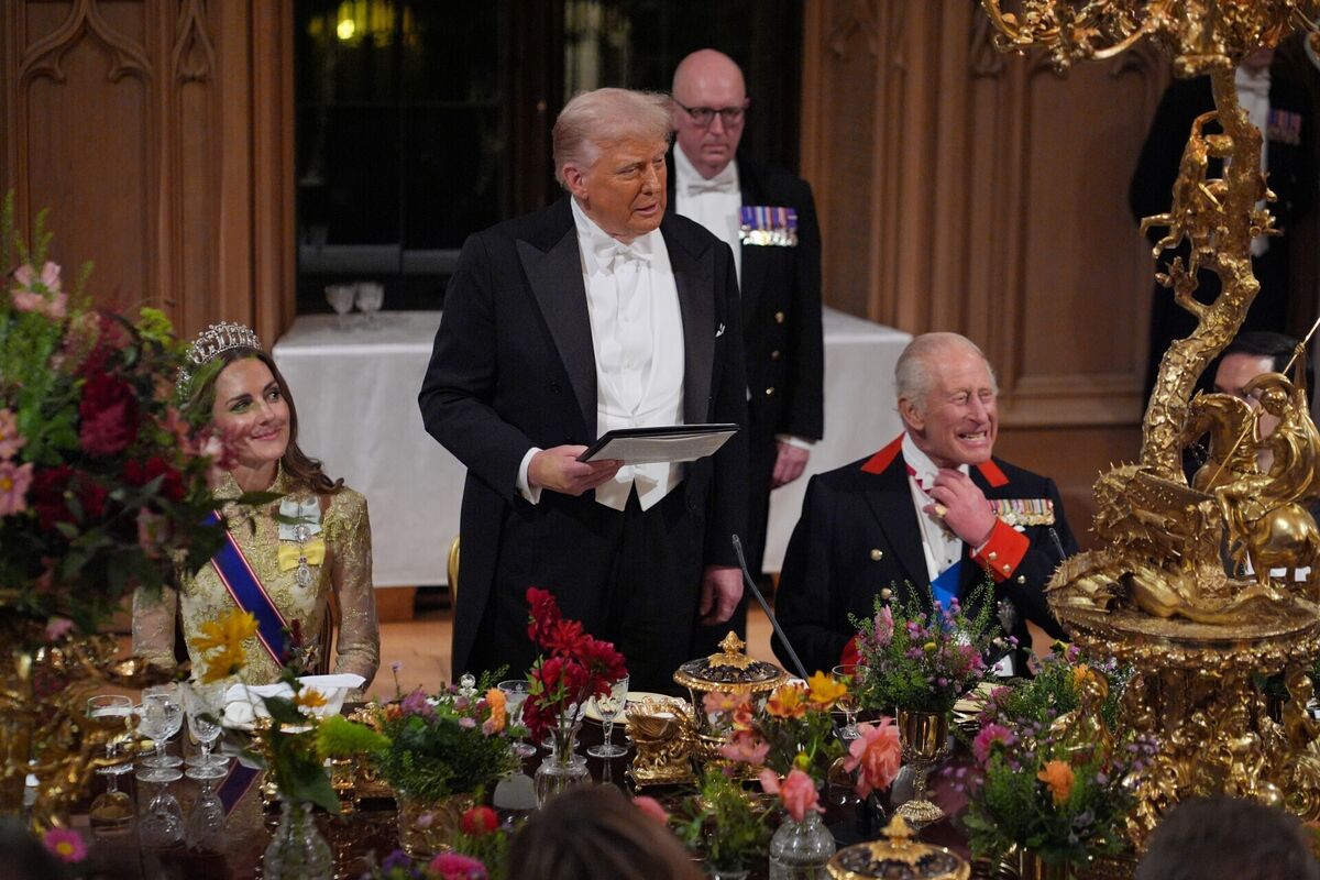 US president Donald Trump delivers his speech as Britain's King Charles and the Princess of Wales listen during the state banquet at Windsor Castle. Picture: Yui Mok/PA US president Donald Trump delivers his speech as Britain's King Charles and the Princess of Wales listen during the state banquet at Windsor Castle. Picture: Yui Mok/PA