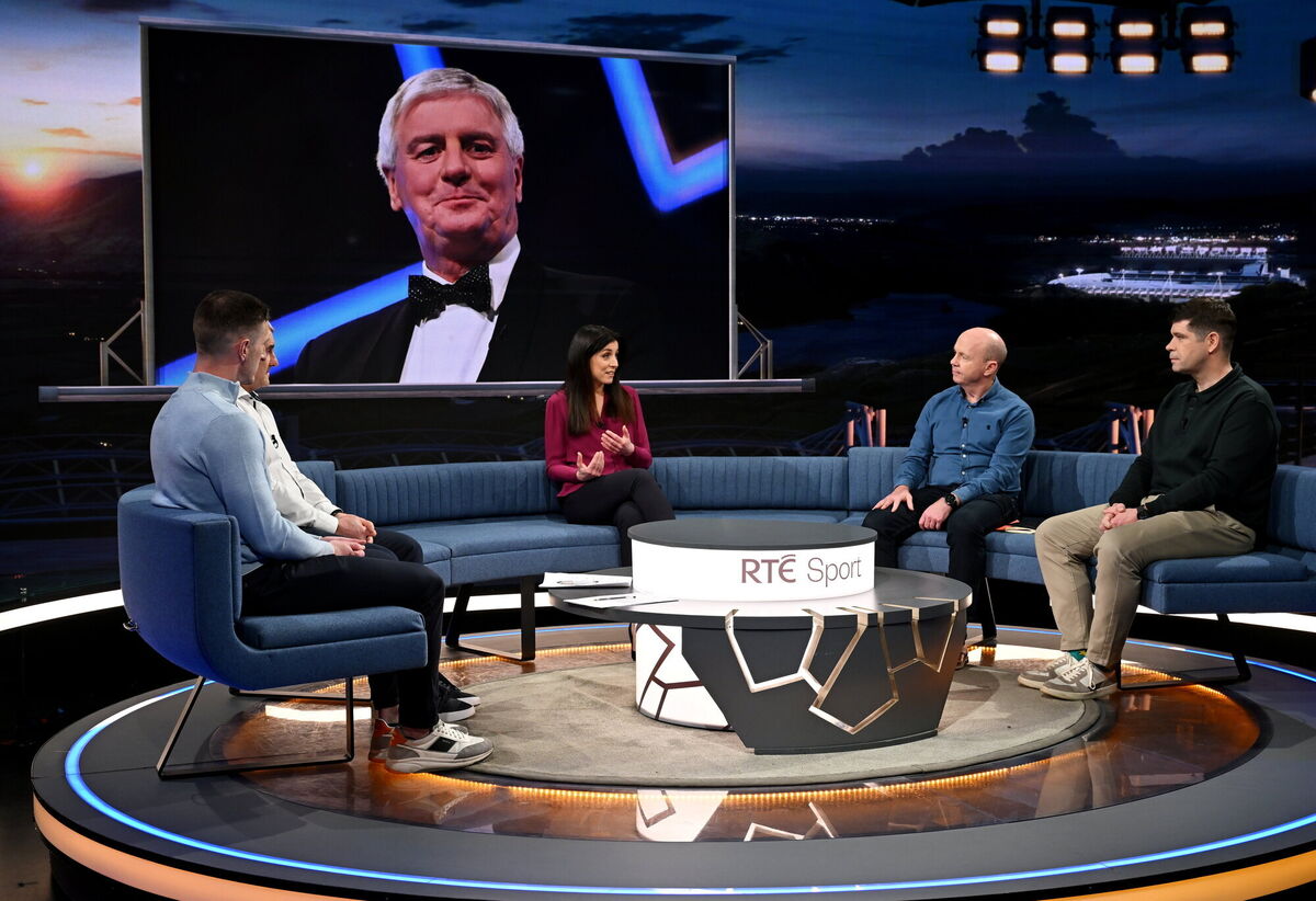 Presenter Joanne Cantwell and GAA analysts, from left, Patrick Horgan, Liam Sheedy, Peter Canavan and Eamonn Fitzmaurice pay tribute to the late RTÉ journalist and The Sunday Game presenter Michael Lyster. Pic: Brendan Moran/Sportsfile