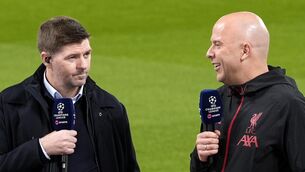<p>Steven Gerrard interviews Liverpool manager Arne Slot ahead of the UEFA Champions League round of sixteen, second leg. Pic: Peter Byrne/PA Wire.</p>