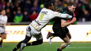 <p>Connacht's Cathal Forde scores his side's second try despite Hakeem Kunene of Hollywoodbets Sharks. Pic: Tom O’Hanlon/Inpho</p>