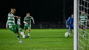 <p>Graham Burke of Shamrock Rovers scores, Pic: Seb Daly/Sportsfile</p>