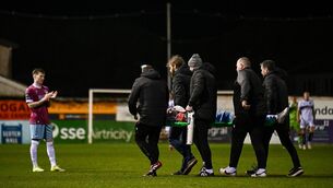 <p>Shane Farrell of Drogheda United is taken from the pitch on a stretcher. Pic: Ben McShane/Sportsfile</p>