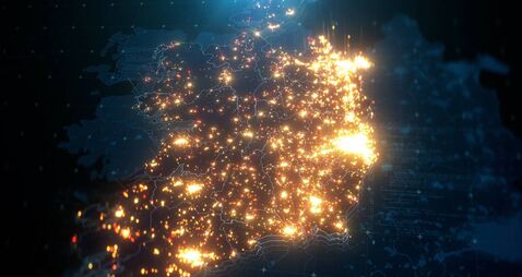 Night Map of Ireland with City Lights Illumination
