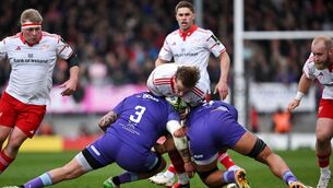 <p>DOUBLE TEAM: Gavin Coombes of Munster is tackled by Jimmy Roots, left, and Dafydd Jenkins at Sandy Park in Exeter. Pic: Paul Phelan/Sportsfile</p>