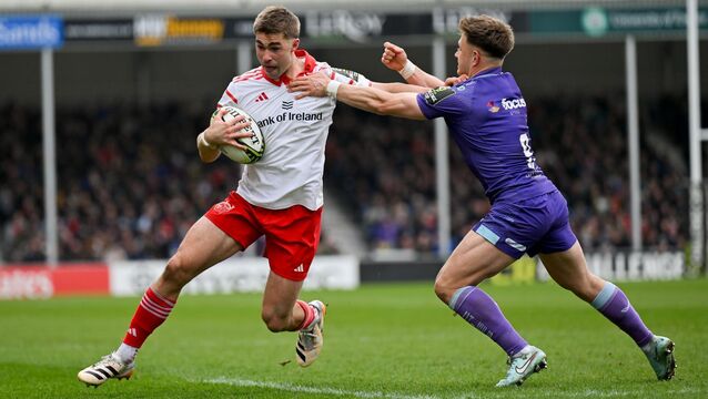 <p>Jack Crowley of Munster Rugby under pressure from Steve Varney of Exeter Chiefs, on his way to scoring his side's first try. Pic: Paul Phelan/Sportsfile</p>