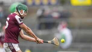 <p>Aaron Niland raised the green flag twice on Galway's way to victory over Wexford at Laois Hire O’Moore Park. Pic: James Lawlor/Inpho</p>