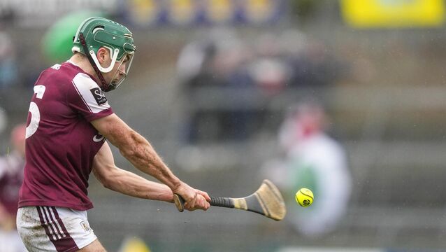 <p>Aaron Niland raised the green flag twice on Galway's way to victory over Wexford at Laois Hire O’Moore Park. Pic: James Lawlor/Inpho</p>