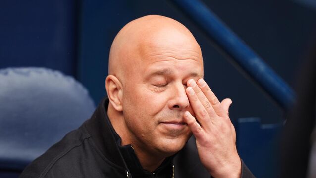 <p>Liverpool manager Arne Slot looks on in disgust during the Emirates FA Cup quarter-final match at the Etihad Stadium</p>