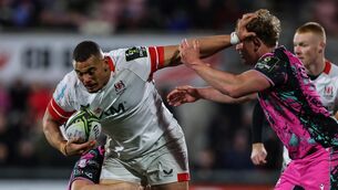 <p>DRIVE: Ulster's Juarno Augustus comes up against Jac Morgan. Pic: Ben Brady/Inpho</p>