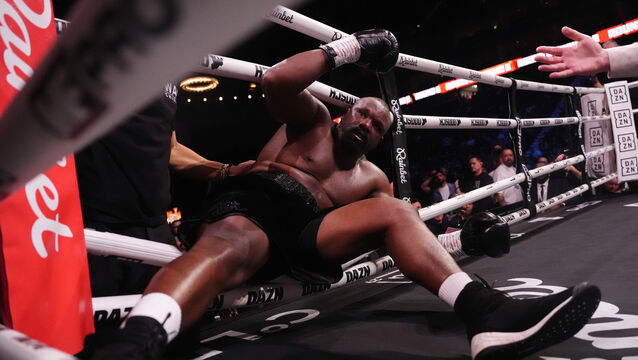 <p>Derek Chisora after being knocked down against Deontay Wilder at O2 Arena. Pic: Adam Davy/PA</p>