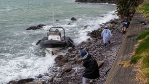 <p>A rib broke its moorings and smashed onto the rocks in Schull, West Cork, during Storm Dave. Picture: Andy Gibson</p>