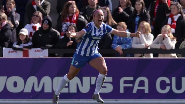 <p>INTO THE SEMIS: Brighton and Hove Albion's Caitlin Hayes celebrates scoring her side's second goal. Pic: Steven Paston/PA Wire.</p>