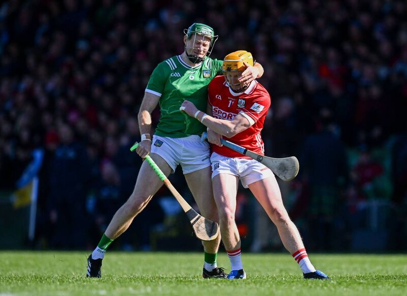 William O'Donoghue of Limerick and Shane Barrett of Cork tussle at the start of the Allianz Hurling League Division 1A final match between Limerick and Cork at TUS Gaelic Grounds in Limerick. Photo by Piaras Ó Mídheach/Sportsfile