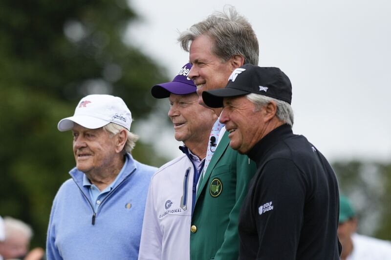 THE OLD GUARD: Augusta National chairman Fred S. Ridley, second from right, pose with honorary starters Jack Nicklaus, Tom Watson and Gary Player on the first hole hole during the first round at the Masters golf tournament at Augusta National Golf Club Thursday, April 11, 2024, in Augusta, Ga. (AP Photo/Matt Slocum)