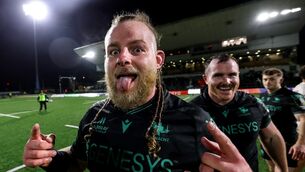 <p>Connacht's Finlay Bealham celebrates after the win over Sharks. Pic: ©INPHO/Ben Brady</p>
