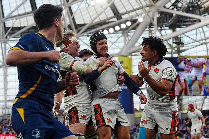 Edinburgh Rugby's Darcy Graham (centre) celebrates with his team mates. Pic: Brian Lawless/PA Wire.