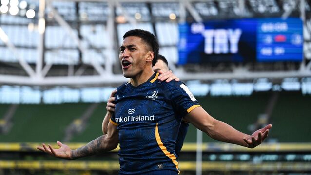 <p>ARE YOU NOT ENTERTAINED: Rieko Ioane of Leinster celebrates after scoring his side's seventh try. Pic: Brendan Moran/Sportsfile.</p>