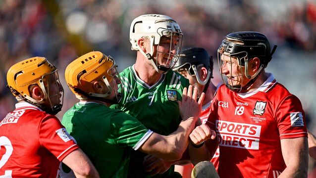 <p>STARING DOWN: Kyle Hayes of Limerick, centre, and Damien Cahalane of Cork, 18, tussle during the Allianz Hurling League Division 1A final match between Limerick and Cork at TUS Gaelic Grounds in Limerick. Photo by Piaras Ó Mídheach/Sportsfile</p>