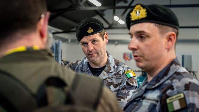 <p>Lt Cdr Aonghus Ó Neachtain and Lt Jason Croke speak with Irish Examiner security correspondent Cormac O’Keeffe at Haulbowline Naval Base in Cork Harbour. Picture: Chani Anderson</p>