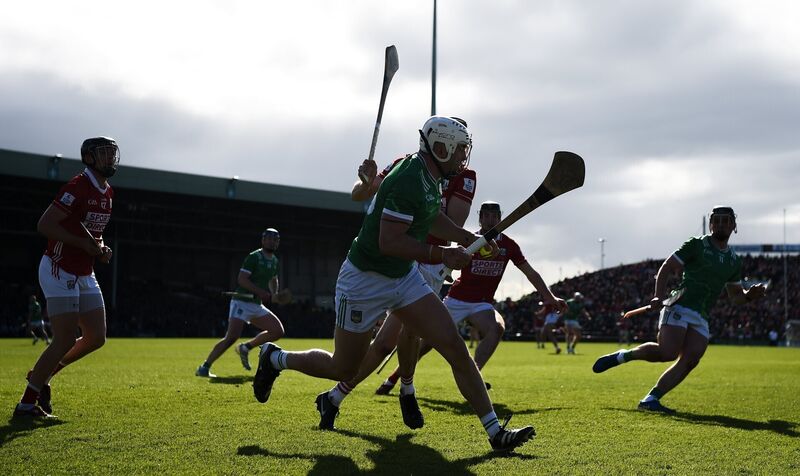 Aaron Gillane of Limerick in action against Robert Downey of Cork during the Allianz Hurling League Division 1A final match between Limerick and Cork at TUS Gaelic Grounds in Limerick. Photo by John Sheridan/Sportsfile