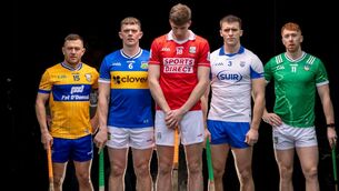<p>RISE AND FALL: David Reidy, Clare, Ronan Maher, Tipperary, Robert Downey, Cork, Mark Fitzgerald, Waterford and Cian Lynch, Limerick at the Munster Championship launch. Pic: ©INPHO/Morgan Treacy</p>