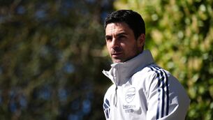 <p>DOUBLE DREAM: Arsenal manager Mikel Arteta during a training session at the Sobha Realty Training Centre, London Colney.  John Walton/PA Wire.</p>