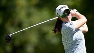 <p>ON THE UP: Leona Maguire of Ireland tees off on the seventh hole. Pic: Paul Devlin/Getty Images</p>
