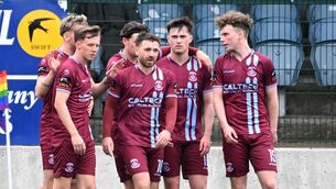<p> THREE AND EASY: Cobh Ramblers' Dylan McGlade is congratulated by teammates on scoring his hatrick against Treaty United during the SSE Airtricity 1st division game at St. Colman's Park Picture; Eddie O'Hare</p>