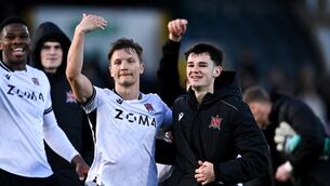 <p>BOYS DONE GOOD: Goalscorers Tyreke Wilson, left, and Shane Tracey of Dundalk celebrate after the SSE Airtricity Men's Premier Division match between Dundalk and St Patrick's Athletic at Oriel Park in Dundalk, Louth. Photo by Ben McShane/Sportsfile</p>