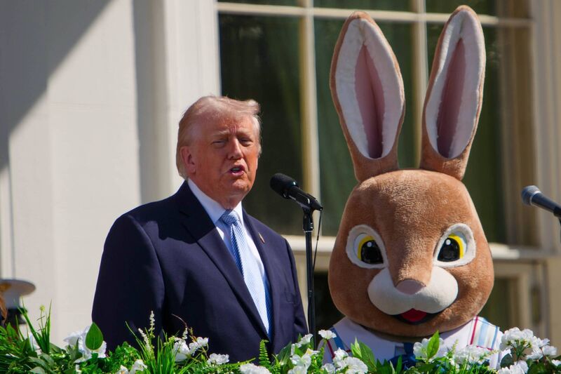 US president Donald Trump speaks next to the Easter Bunny on the balcony of the White House during the Easter Egg Roll on Monday. Picture: Andrew Harnik/Getty Images US president Donald Trump speaks next to the Easter Bunny on the balcony of the White House during the Easter Egg Roll on Monday. Picture: Andrew Harnik/Getty Images