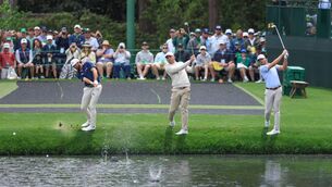 <p>WATER SPORT: Cameron Young, Scottie Scheffler and Sam Burns of The United States play a skip shot off the front of the tee on the par 3, 16th hole during their practice round prior to the 2026 Masters Tournament at Augusta National Golf Club on April 06, 2026 in Augusta, Georgia. Pic: David Cannon/Getty Images</p>