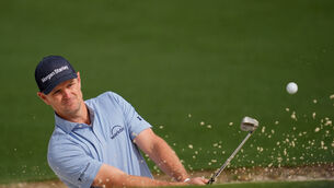<p>Justin Rose, of England, hits from the bunker on the second hole during a practice round at of the Masters golf tournament at the Augusta National Golf Club, Monday, April 6, 2026, in Augusta, Ga. (AP Photo/Ashley Landis)</p>