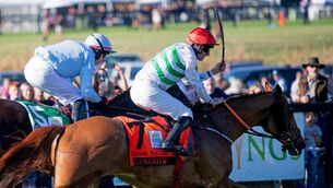 <p>WORTH THE WAIT: Zanahiyr & Jack Kennedy (red cap) win the American Grand National (Grade 1) for trainer Gordon Elliott from Ballysax Hank & Keith Donoghue (light blue). Pic: HEALY RACING.</p> <p>WORTH THE WAIT: Zanahiyr & Jack Kennedy (red cap) win the American Grand National (Grade 1) for trainer Gordon Elliott from Ballysax Hank & Keith Donoghue (light blue). Pic: HEALY RACING.</p>