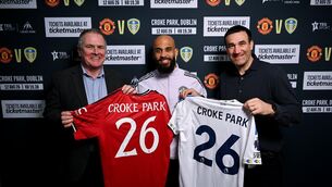 <p>ROCKY ROAD TO DUBLIN: Manchester United player Bryan Mbuemo with Croke Park Stadium Director, Peter McKenna, left, and Alex Anderson, Managing Director UK/EU at TEG pictured at a training camp at Carton House. Pic: David Fitzgerald/Sportsfile.</p>