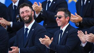 <p>CONFIDENT: Rory McIlroy and Jon Rahm during the opening ceremony of the 2023 Ryder Cup. Pic: Ramsey Cardy/Sportsfile.</p>