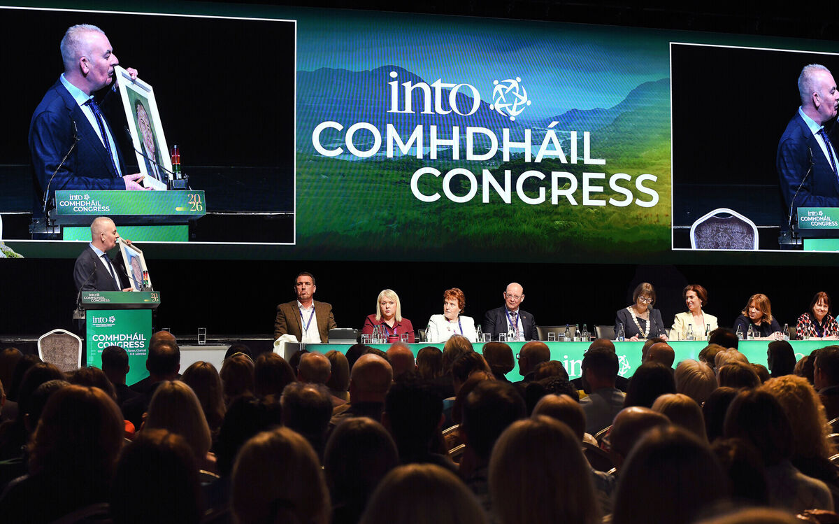 Irish National Teachers' Organisation general secretary John Boyle speaking at the INTO congress on Tuesday in front of a portait of former education minister Donogh O'Malley. Picture: Moya Nolan Irish National Teachers' Organisation general secretary John Boyle speaking at the INTO congress on Tuesday in front of a portait of former education minister Donogh O'Malley. Picture: Moya Nolan