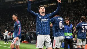 <p>GERMAN EFFICIENCY: Kai Havertz, centre, celebrates after scoring Arsenal's winning goal against Sporting on Tuesday night. 	Pic: Zed Jameson/PA </p>