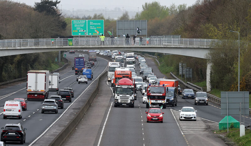 The slow-down protest hit roads all over the country including here on Cork's South Ring Road, Mahon Link Road, and the Jacob's Island junction flyover. Picture: Jim Coughlan