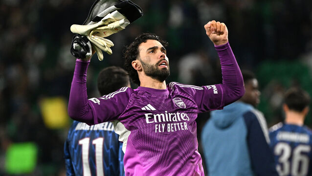 <p>David Raya made some crucial saves against Sporting Lisbon to put Arsenal on course for the Champions League semi-finals. Pic: Zed Jameson/PA</p>