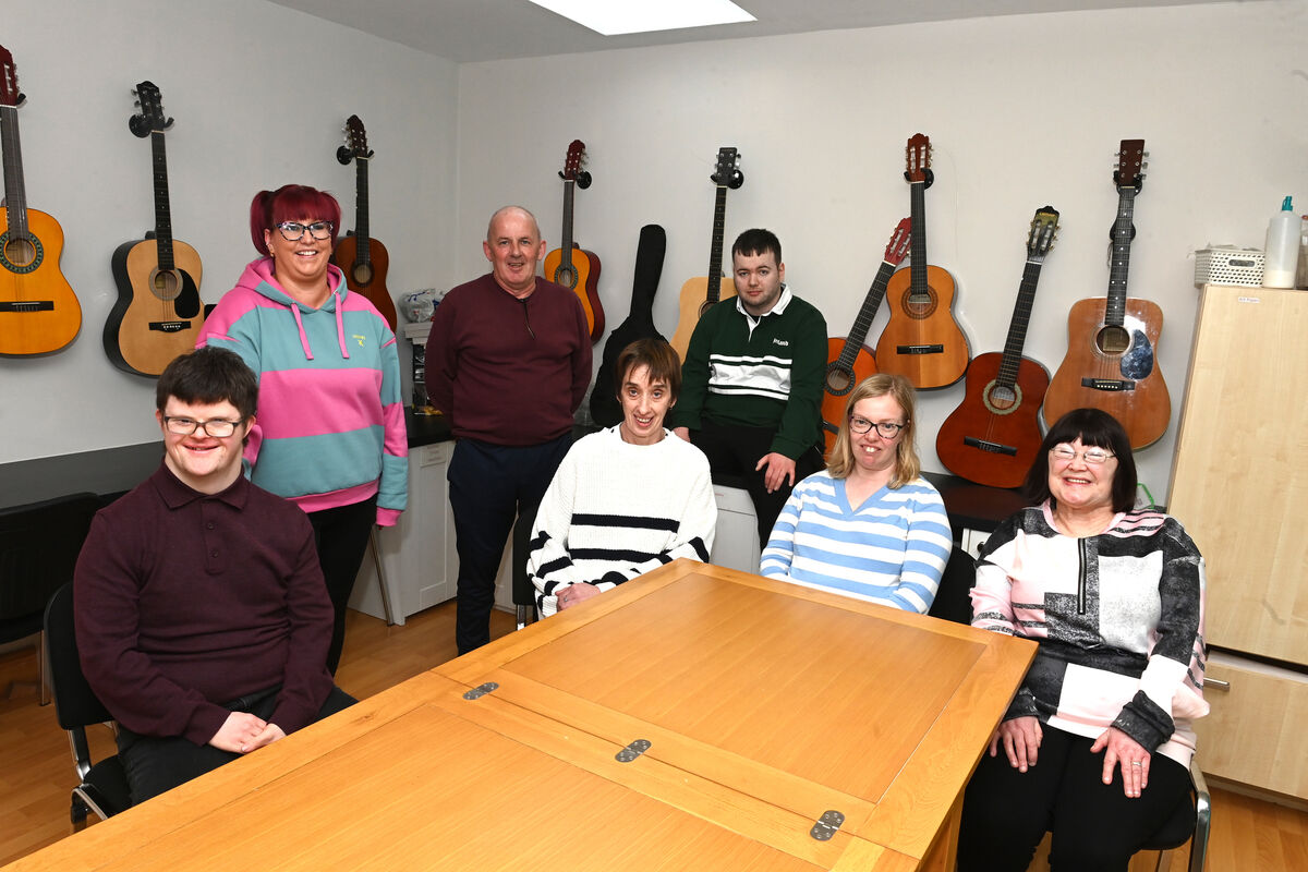 Luke McNerney, Sandra Egan, Katie O'Brien, and Raphaela McCarthy with support workers Lyndsey Rellis and Alan Wiggins with Patrick Deward at Horizons Midleton hub, Co Cork. Picture: Larry Cummins