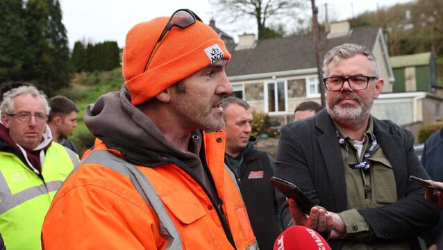 <p>Gearoid Crowley from Bantry, speaking to the media after Taoiseach Micheál Martin entered the Cygnum plant, Macroom. Pic: Jim Coughlan</p>
