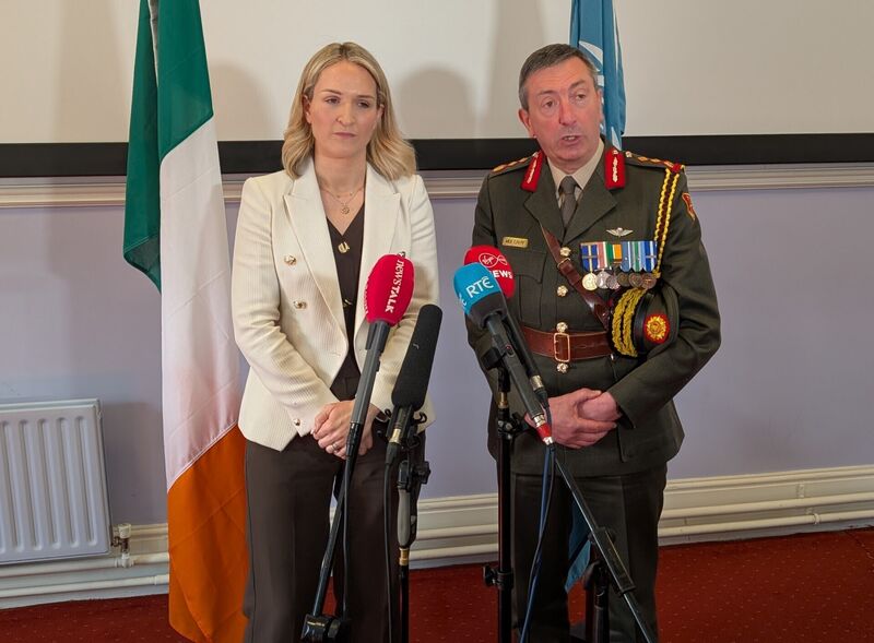 Defence Minister Helen McEntee and Defence Forces Chief of Staff Rossa Mulcahy speaking to the media about fuel protests. Picture: Cillian Sherlock /PA Wire Defence Minister Helen McEntee and Defence Forces Chief of Staff Rossa Mulcahy speaking to the media about fuel protests. Picture: Cillian Sherlock /PA Wire