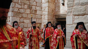 Greek Orthodox Christian clergymen at the Church of the Holy Sepulcher, after restrictions were lifted following a ceasefire reached between Iran, Israel and the United States (Mahmoud Illean/AP)