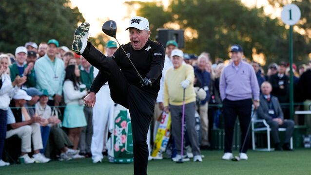<p>Gary Player on the first tee at Augusta. Pic; (AP Photo/David J. Phillip</p>