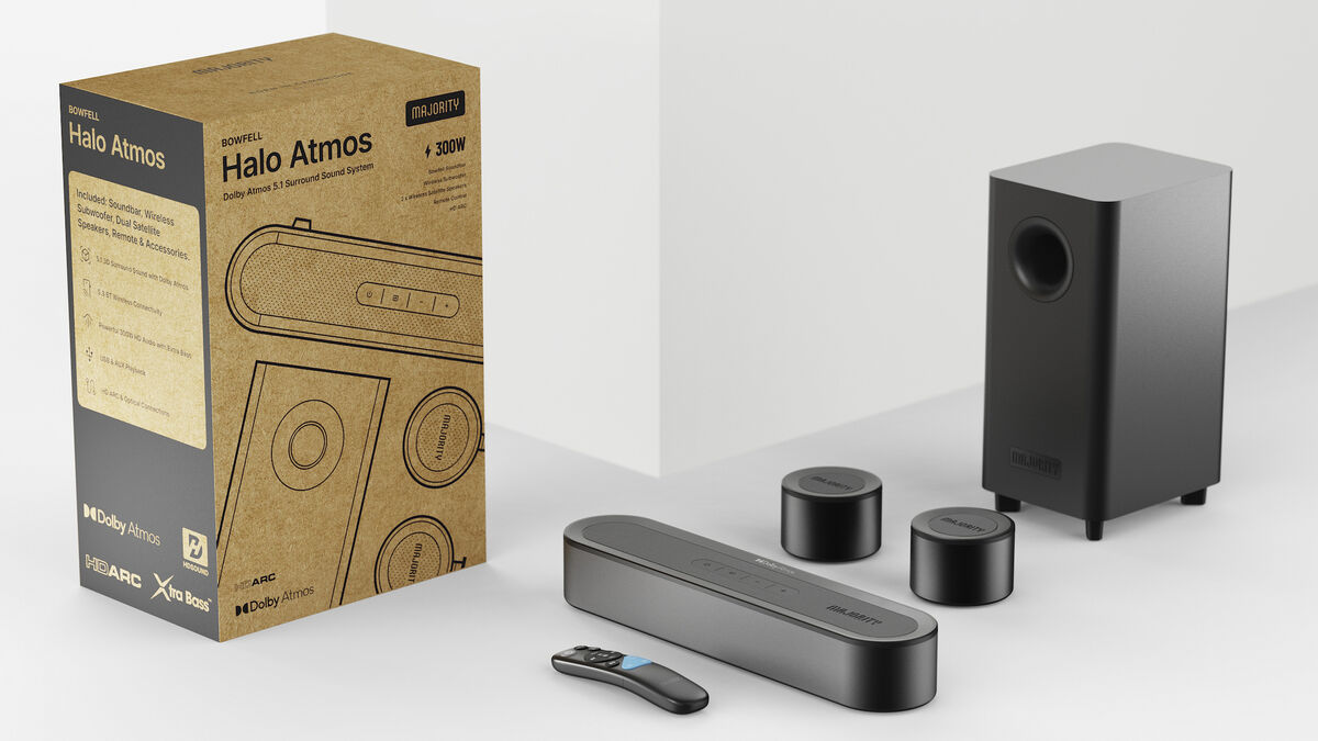 A mostly wireless 5.1 setup that keeps clutter down, even if each speaker still needs power. Picture: Majority. A mostly wireless 5.1 setup that keeps clutter down, even if each speaker still needs power. Picture: Majority.