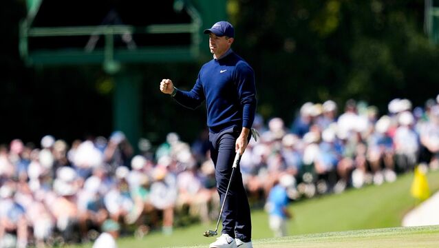 <p>PICK UP, WHERE YOU LEFT OFF: Rory McIlroy celebrates after a birdie on the 15th hole during the first round of the Masters golf tournament. Pic: AP Photo/David J. Phillip</p>